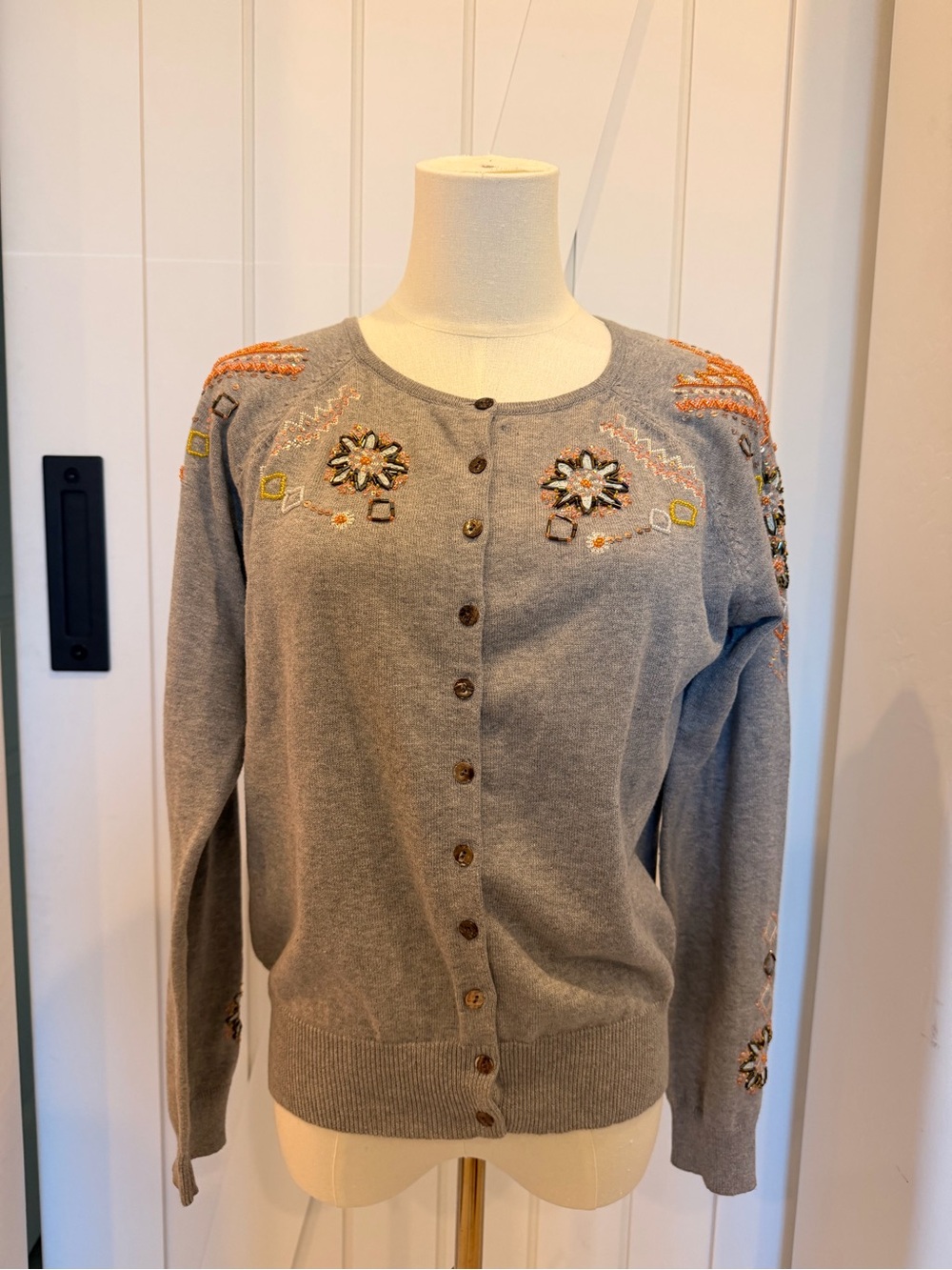 Sundance Boho gray beaded button cardigan with floral embroidery size medium